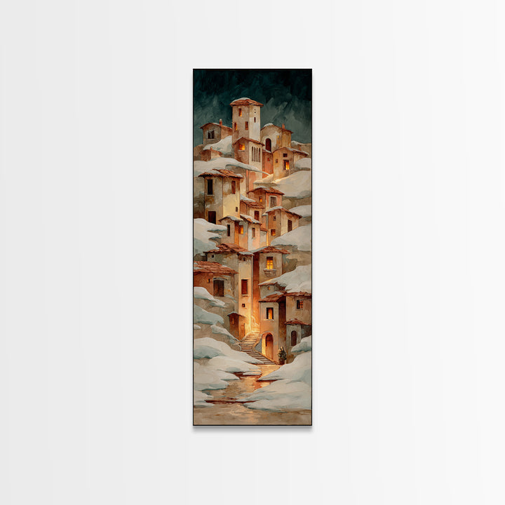 Snowy Village with Warm Glowing Windows Canvas Print, Impressionist Art, Farmhouse Decor, Living Room Decor, Impression, IMP-1x3-73