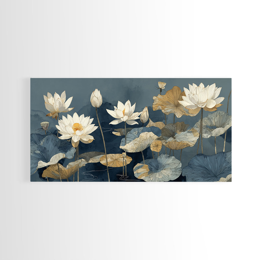 Water Lilies Floating on a Sunlit Pond Canvas Print, Impressionist Art, Oil Painting, Living Room Decor, Impression, IMP-2x1-21