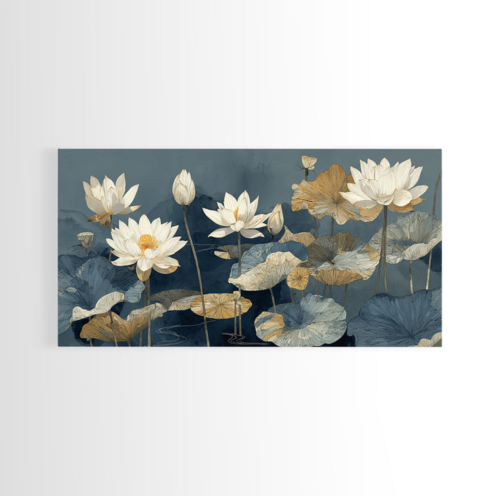 Water Lilies Floating on a Sunlit Pond Canvas Print, Impressionist Art, Oil Painting, Living Room Decor, Impression, IMP-2x1-21