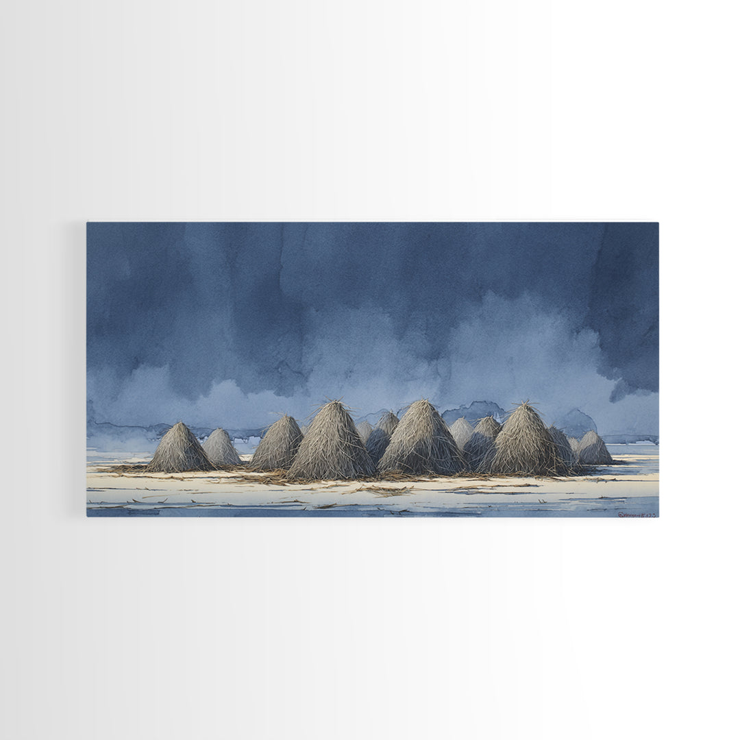 Haystacks Glowing at Golden Hour Framed Canvas Print, Impressionist Art, Minimalist Decor, Living Room Decor, Impression, IMP-2x1-24