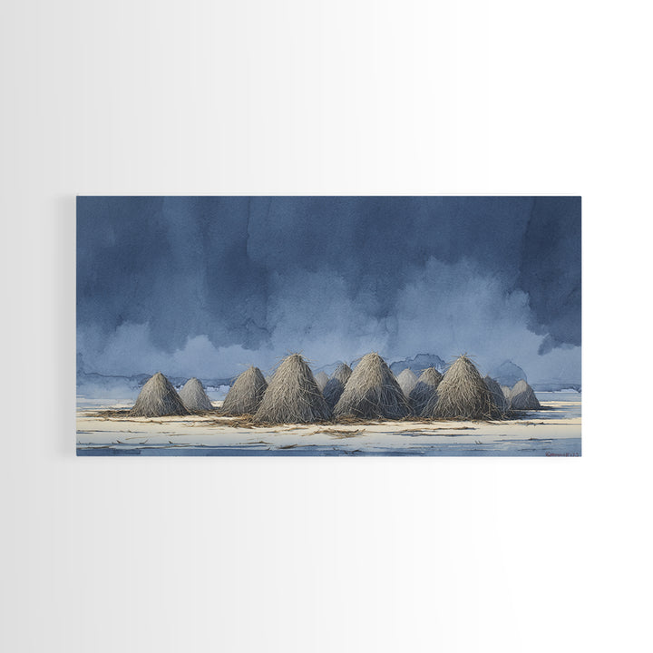 Haystacks Glowing at Golden Hour Framed Canvas Print, Impressionist Art, Minimalist Decor, Living Room Decor, Impression, IMP-2x1-24