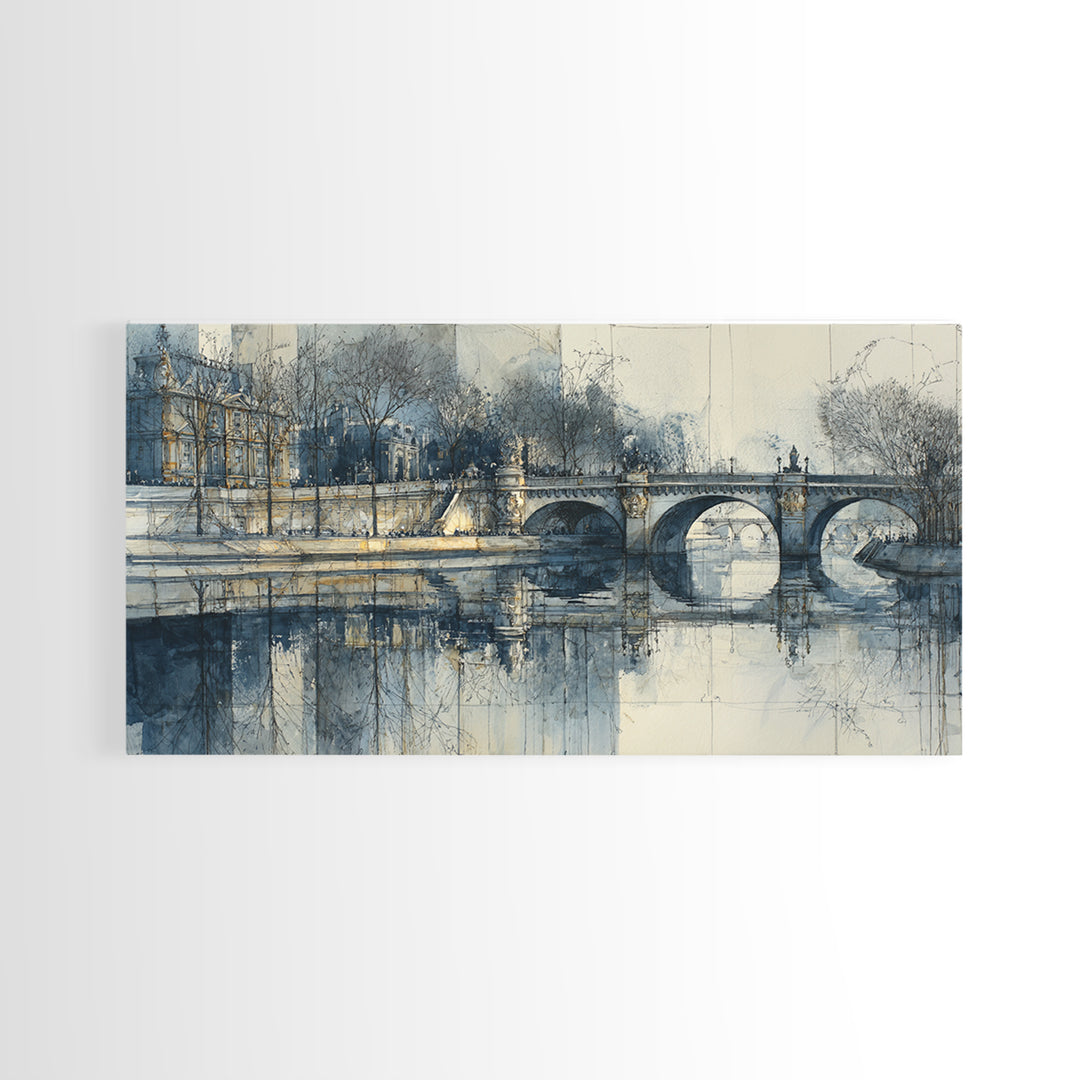 Paris Bridge Reflected Framed Canvas Print, Impressionist Art, Boho Decor, Living Room Decor, Oil Painting, Impression, IMP-2x1-27