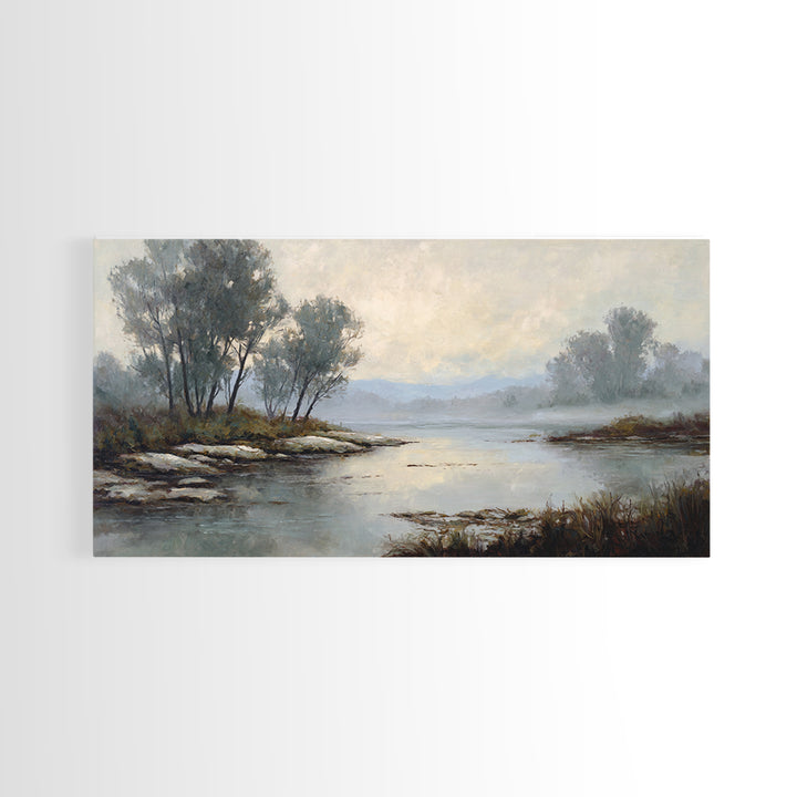Misty Riverbank with Willow Trees Canvas Print, Impressionist Art, Textured Wall Art, Living Room Decor, Fine Art, Impression, IMP-2x1-31