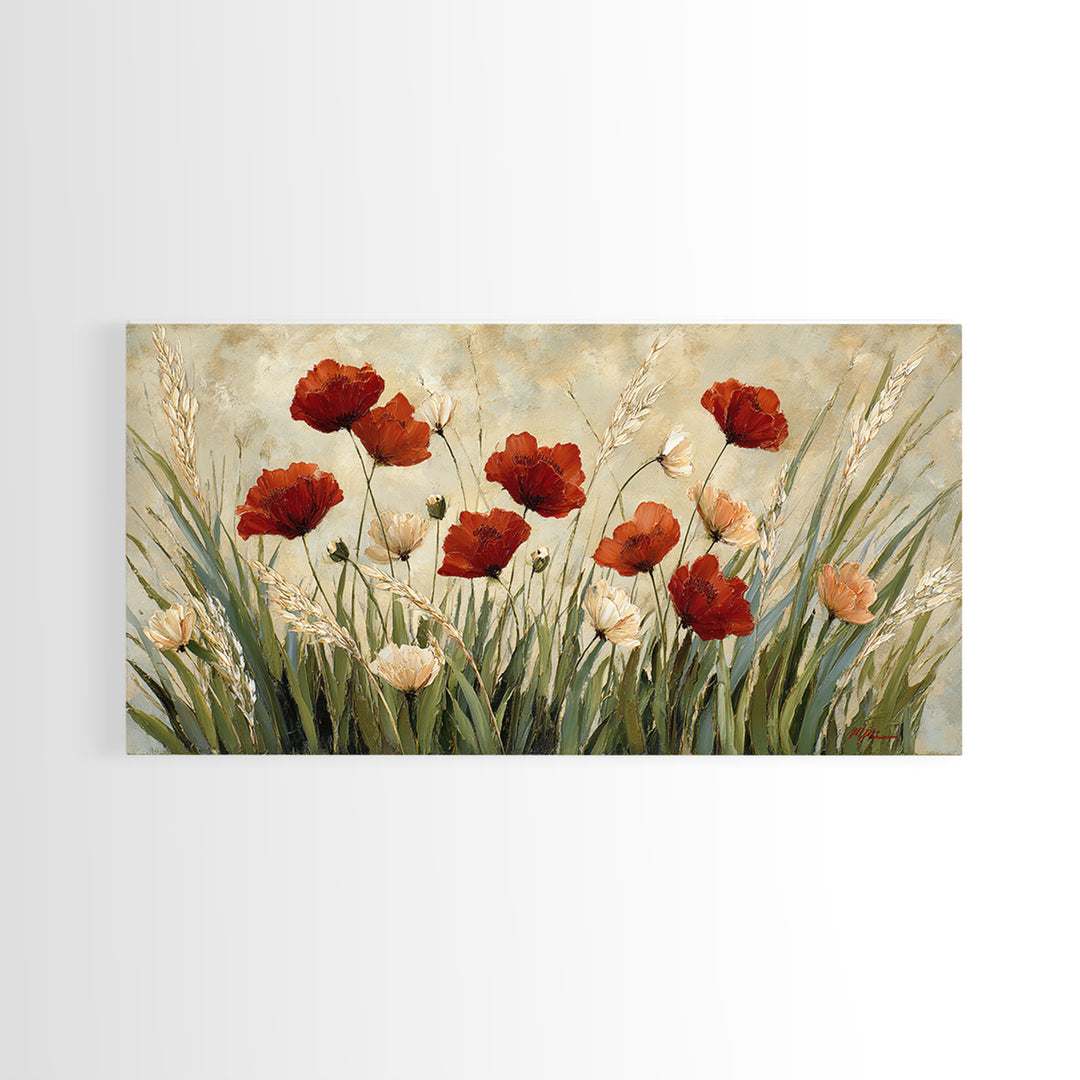 Poppies Blowing Through Green Grass Canvas Print, Impressionist Art, Wall Art, Living Room Decor, Oil Painting, Impression, IMP-2x1-32