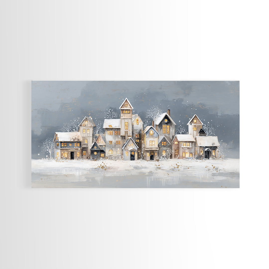 Snowy Village with Warm Glowing Windows Framed Canvas Print, Impressionist Art, Art Print, Living Room Decor, Impression, IMP-2x1-33