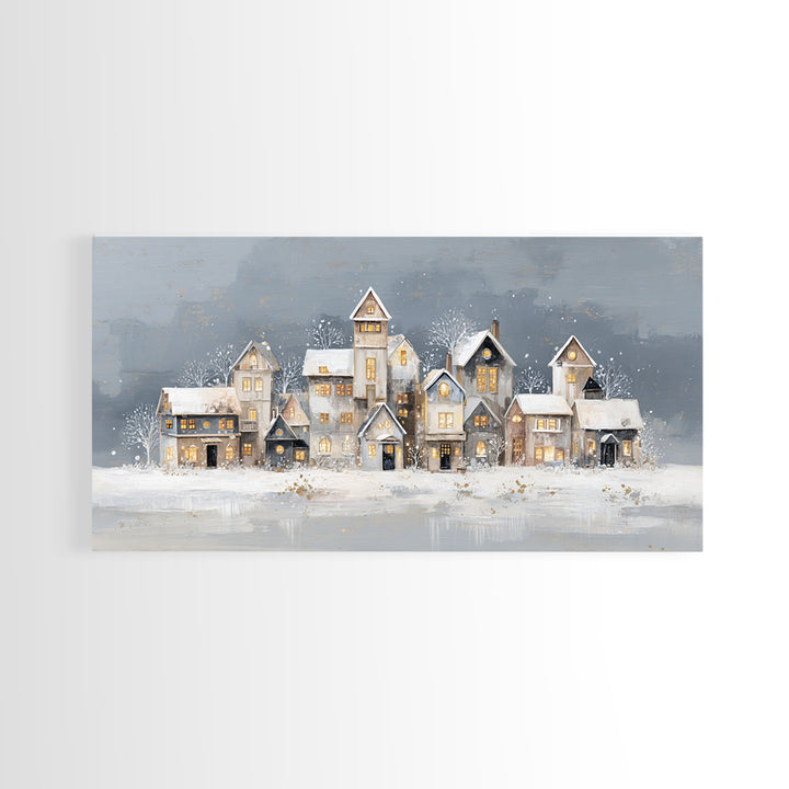 Snowy Village with Warm Glowing Windows Framed Canvas Print, Impressionist Art, Art Print, Living Room Decor, Impression, IMP-2x1-33