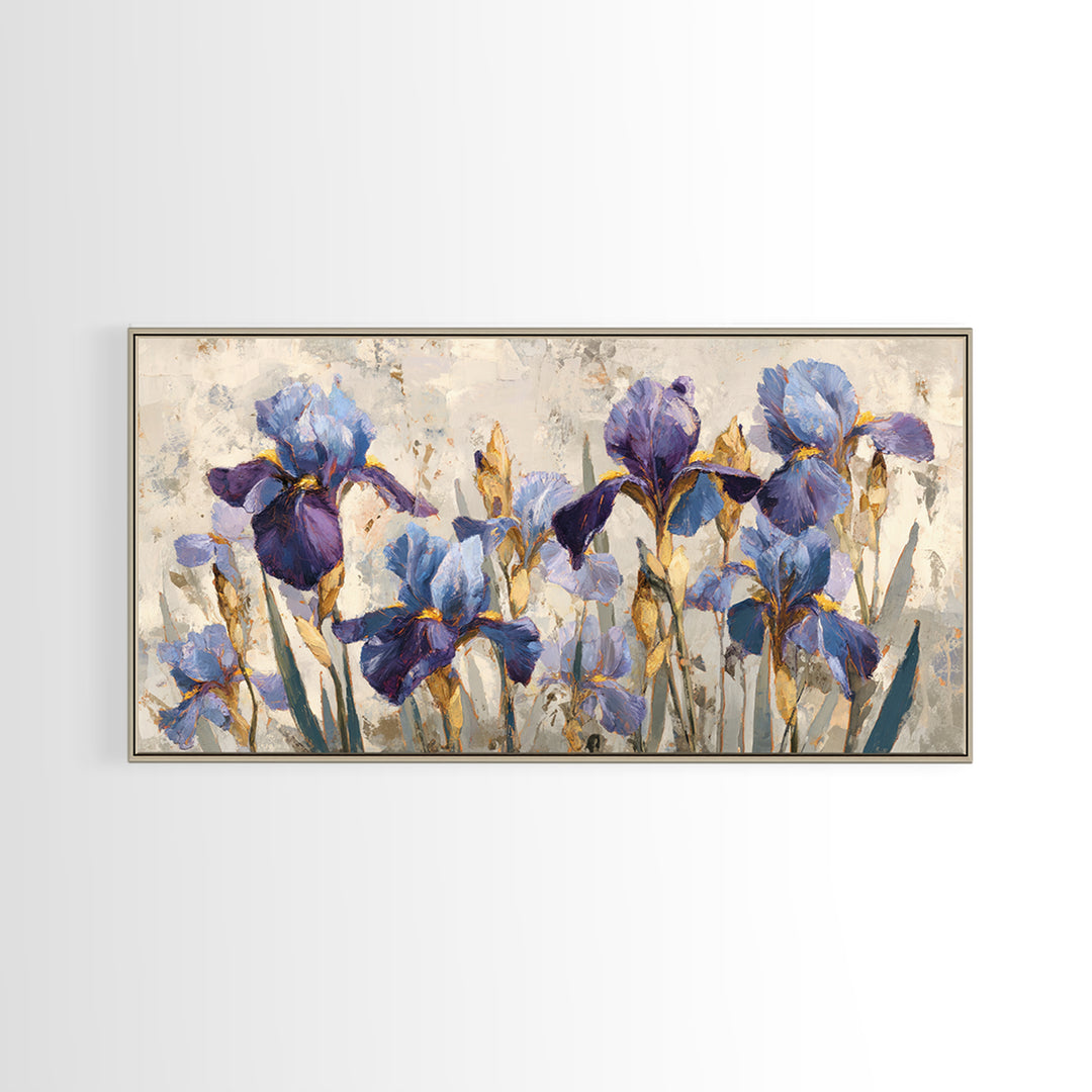Iris Garden with Blue Violet Strokes Framed Canvas Print, Impressionist Art, Wall Decor, Living Room Decor, Impression, IMP-2x1-40