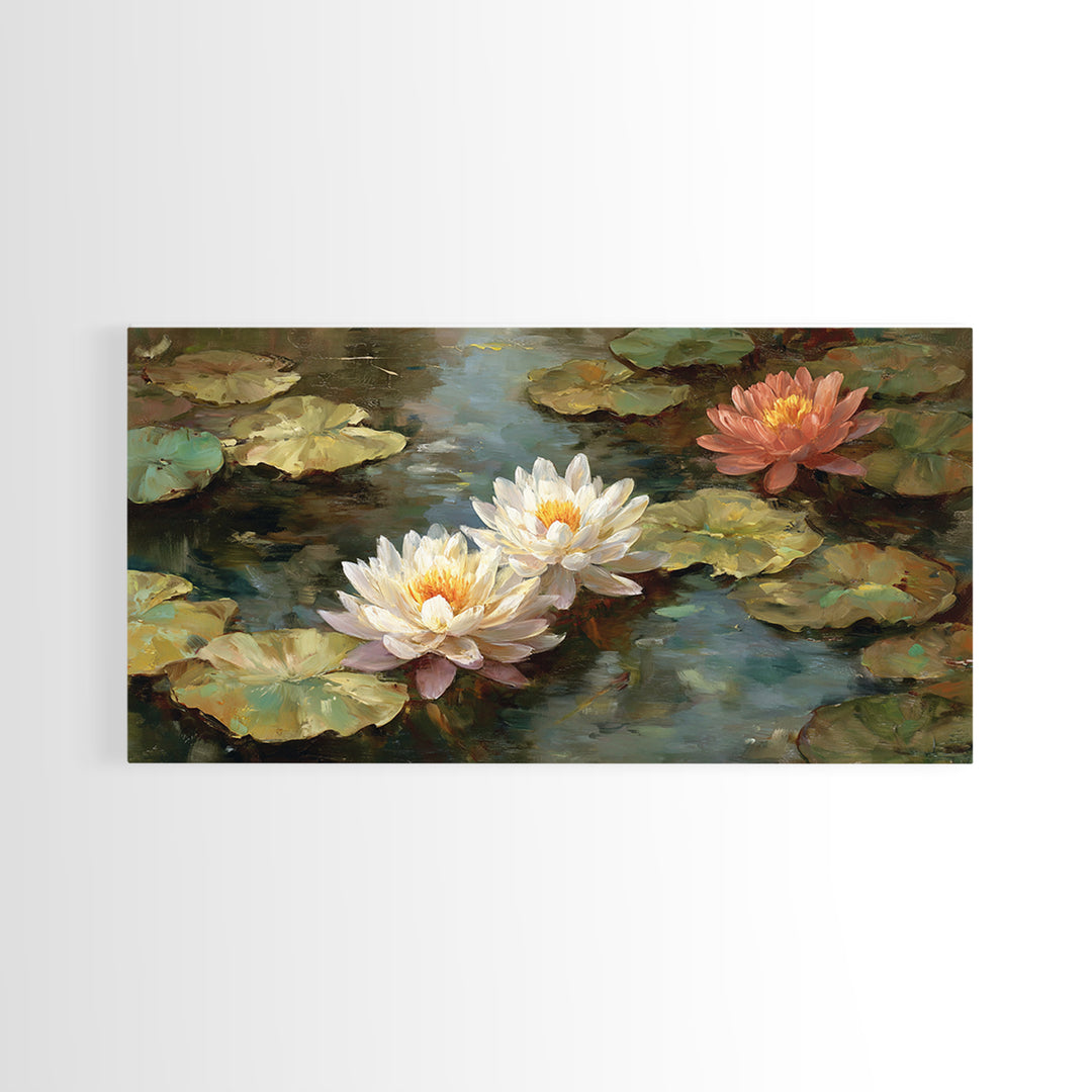 Water Lilies Floating on a Sunlit Pond Framed Canvas Print, Impressionist Art, Farmhouse Decor, Living Room Decor, Impression, IMP-2x1-45