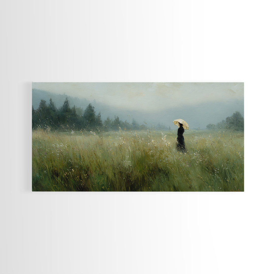 Woman with Parasol in Breezy Meadow Canvas Print, Impressionist Art, Horizontal Wall Art, Living Room Decor, Oil Painting, IMP-2x1-47