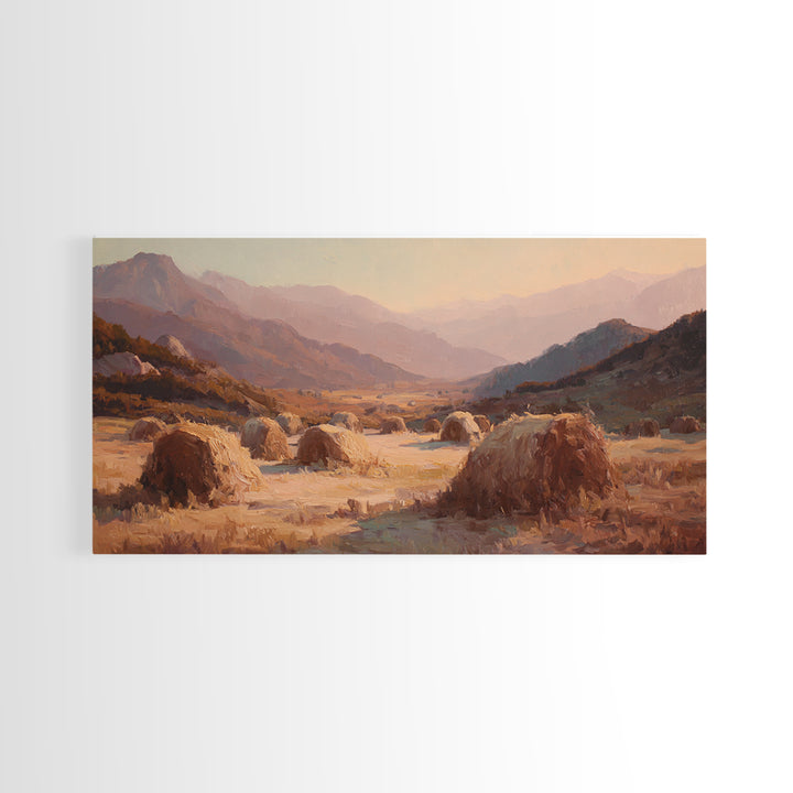 Haystacks Glowing at Golden Hour Canvas Print, Impressionist Art, Art Print, Living Room Decor, Fine Art, Impression, IMP-2x1-48