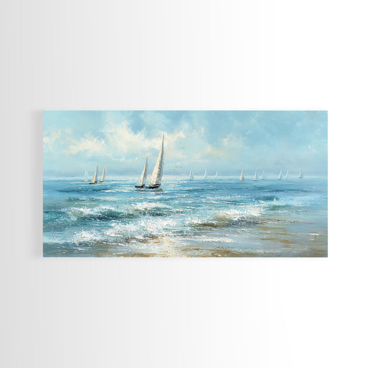 Sailboats on a Bright Sparkling Harbor Canvas Print, Impressionist Art, Horizontal Wall Art, Living Room Decor, Oil Painting, IMP-2x1-53