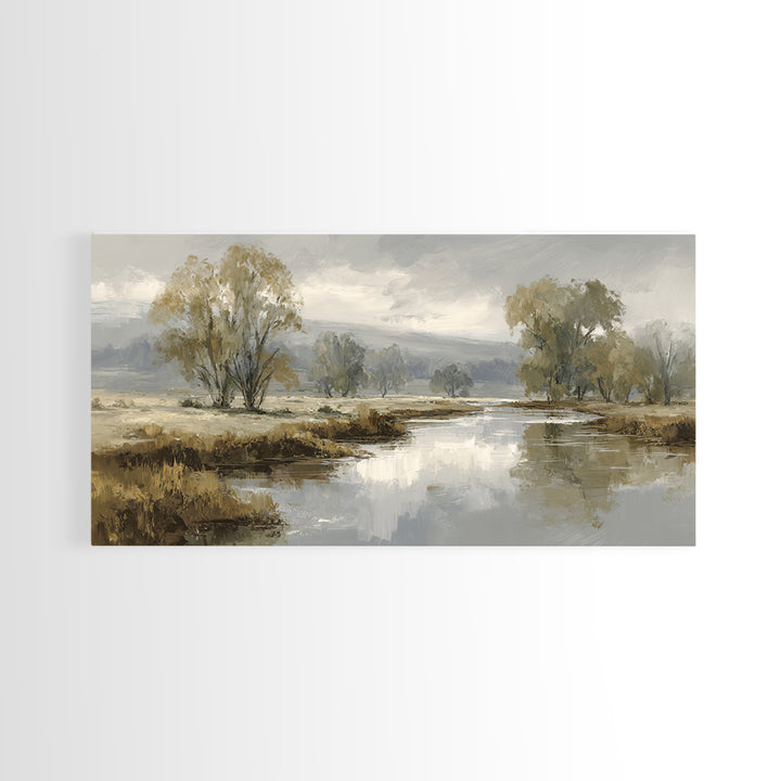 Misty Riverbank with Willow Trees Framed Canvas Print, Impressionist Art, Modern Wall Art, Living Room Decor, Impression, IMP-2x1-55