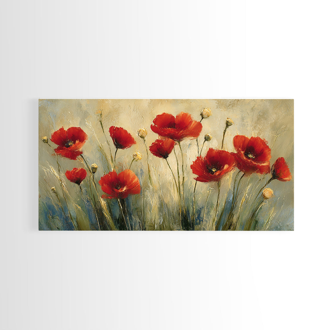 Poppies Blowing Through Green Grass Framed Canvas Print, Impressionist Art, Original Painting, Living Room Decor, Impression, IMP-2x1-56