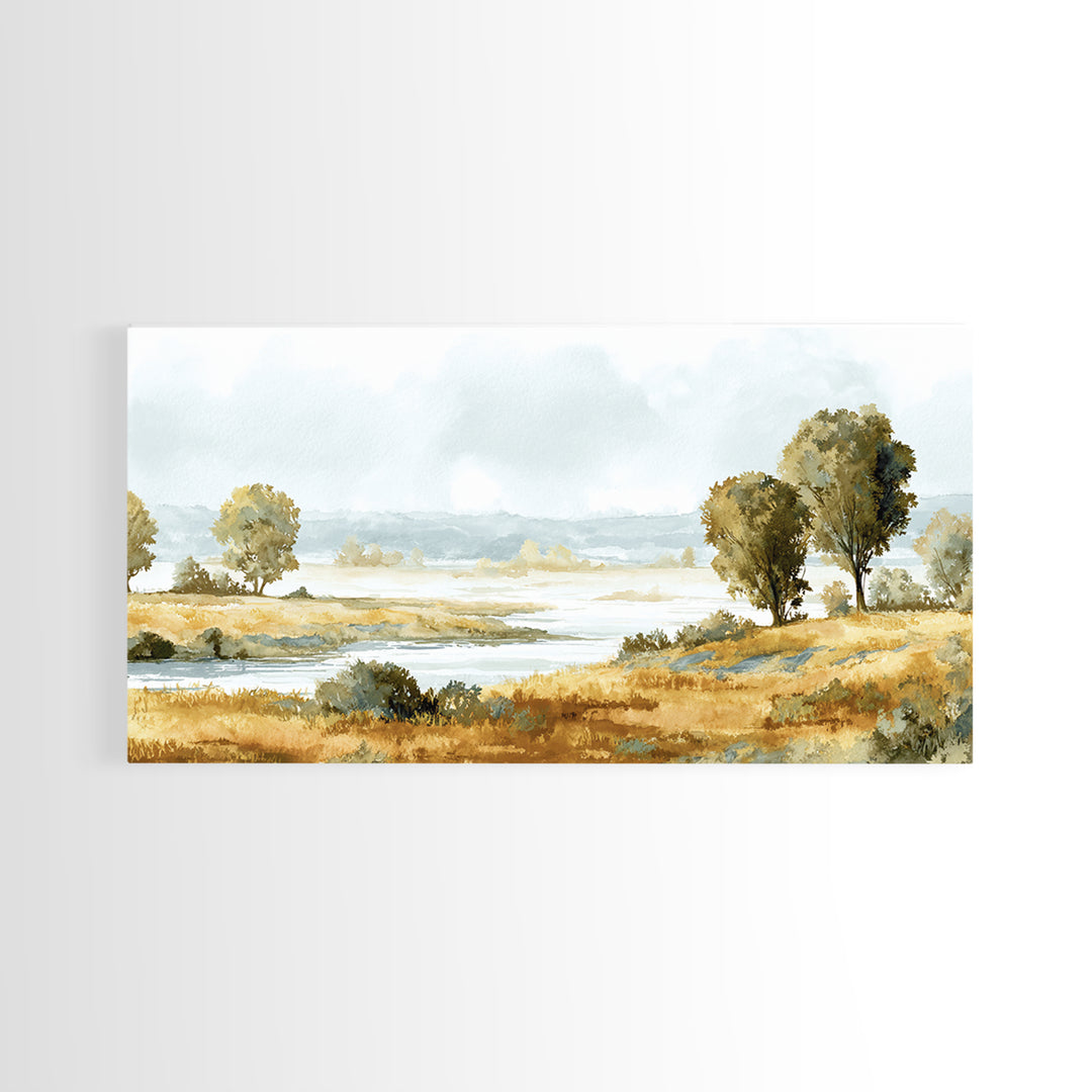 Misty Riverbank with Willow Trees Framed Canvas Print, Impressionist Art, Printable Wall Art, Living Room Decor, Impression, IMP-2x1-7