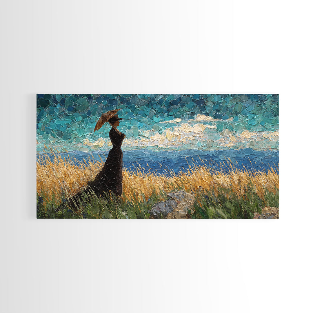 Woman with Parasol in Breezy Meadow Canvas Print, Impressionist Art, Landscape Art, Living Room Decor, Fine Art, Impression, IMP-2x1-71