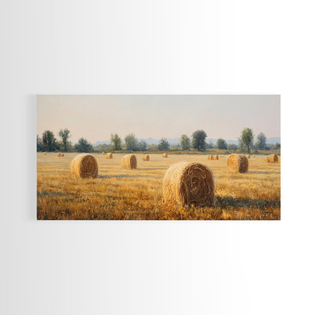 Haystacks Glowing at Golden Hour Framed Canvas Print, Impressionist Art, Bedroom Decor, Living Room Decor, Fine Art, Impression, IMP-2x1-72
