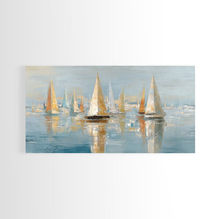 Sailboats on a Bright Sparkling Harbor Canvas Print, Impressionist Art, Horizontal Wall Art, Living Room Decor, Oil Painting, IMP-2x1-77