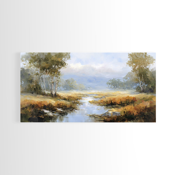 Misty Riverbank with Willow Trees Framed Canvas Print, Impressionist Art, Flower Print, Living Room Decor, Fine Art, Impression, IMP-2x1-79