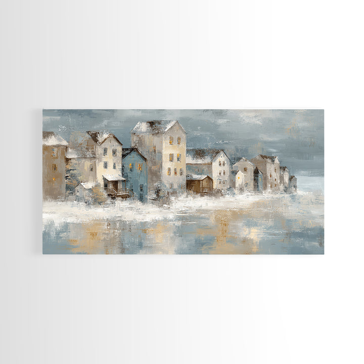 Snowy Village with Warm Glowing Windows Canvas Print, Impressionist Art, Wall Art Framed, Living Room Decor, Impression, IMP-2x1-81