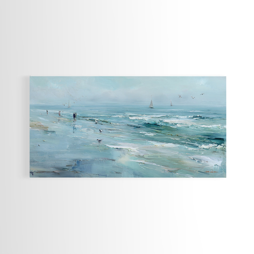 Coastal Beach Figures Framed Canvas Print, Impressionist Art, Gallery Wall Art, Living Room Decor, Oil Painting, Impression, IMP-2x1-87