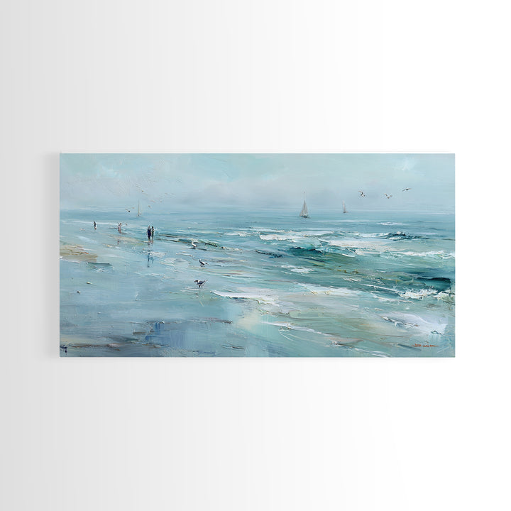 Coastal Beach Figures Framed Canvas Print, Impressionist Art, Gallery Wall Art, Living Room Decor, Oil Painting, Impression, IMP-2x1-87