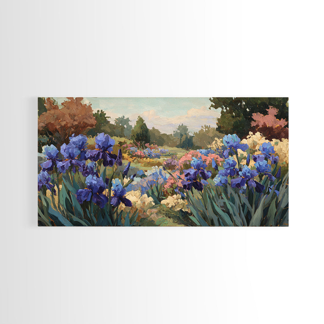 Iris Garden with Blue Violet Strokes Framed Canvas Print, Impressionist Art, Living Room Decor, Watercolor Art, Impression, IMP-2x1-88