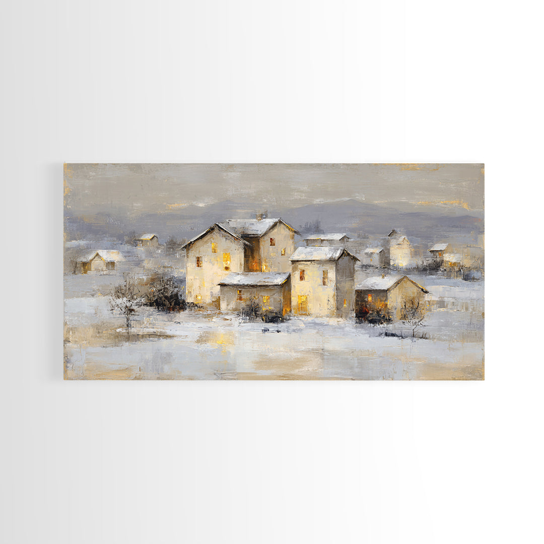 Snowy Village with Warm Glowing Windows Framed Canvas Print, Impressionist Art, Art Print, Living Room Decor, Impression, IMP-2x1-9
