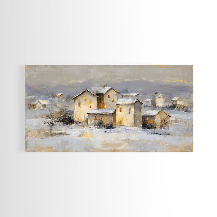Snowy Village with Warm Glowing Windows Framed Canvas Print, Impressionist Art, Art Print, Living Room Decor, Impression, IMP-2x1-9