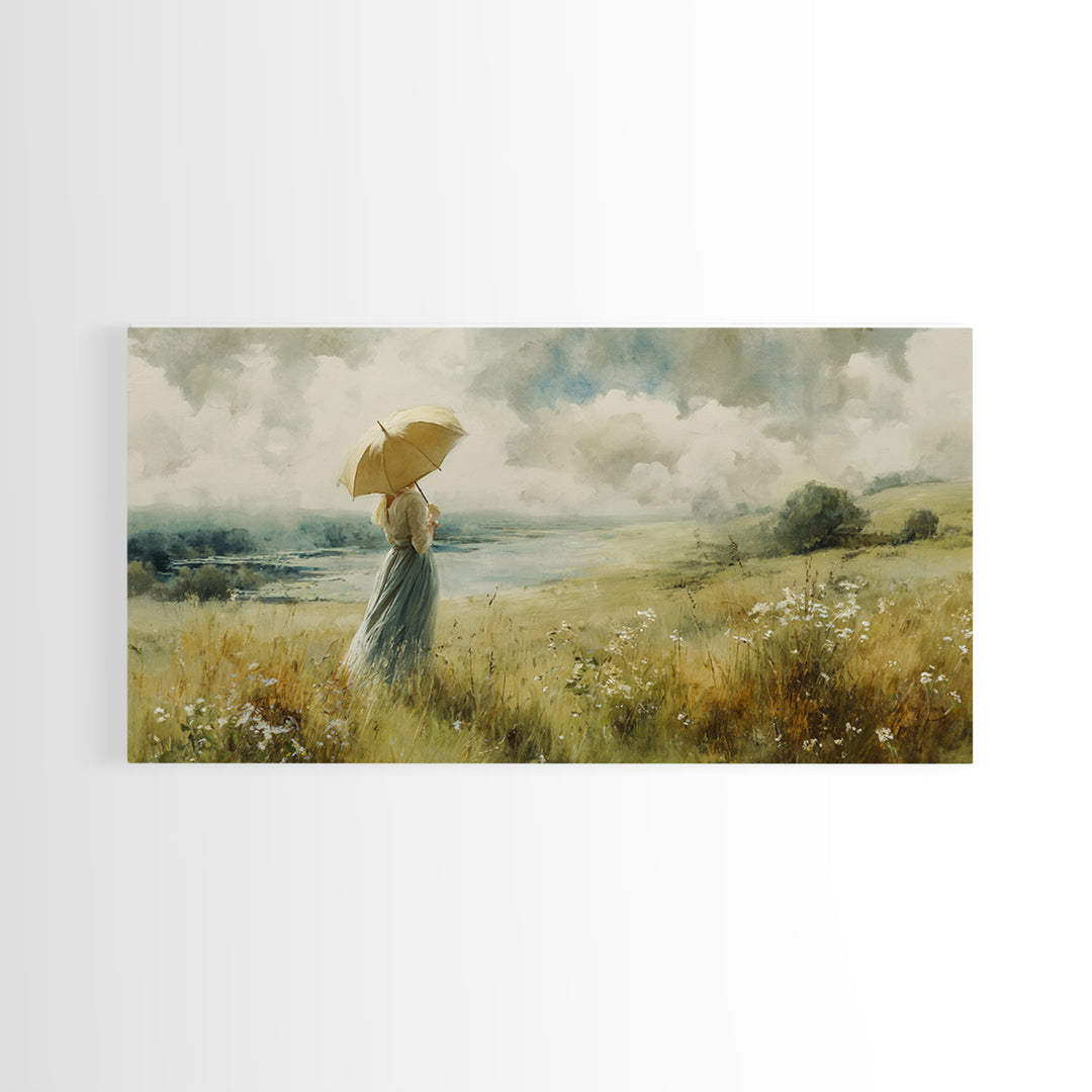 Woman with Parasol in Breezy Meadow Framed Canvas Print, Impressionist Art, Neutral Decor, Living Room Decor, Impression, IMP-2x1-95