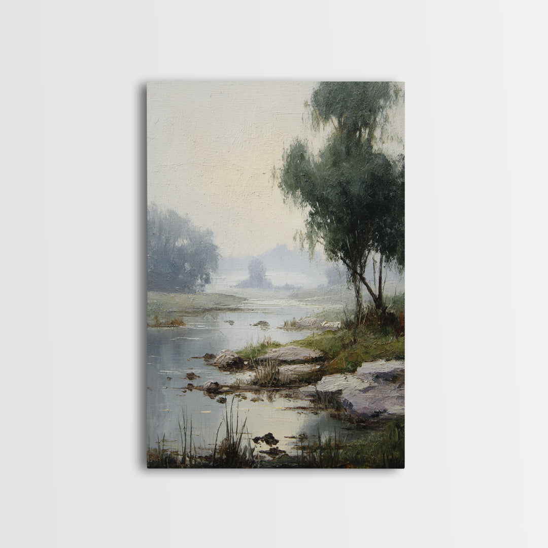 Misty Riverbank with Willow Trees Framed Canvas Print, Impressionist Art, Contemporary Art, Living Room Decor, Impression, IMP-2x3-19