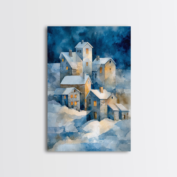 Snowy Village with Warm Glowing Windows Framed Canvas Print, Impressionist Art, Oil Painting, Living Room Decor, Impression, IMP-2x3-21