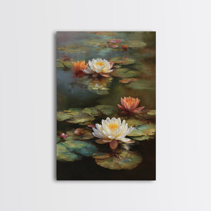 Water Lilies Floating on a Sunlit Pond Canvas Print, Impressionist Art, Wall Art Framed, Living Room Decor, Impression, IMP-2x3-33