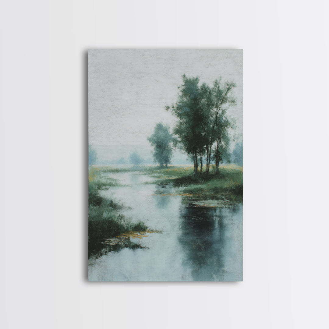Misty Riverbank with Willow Trees Framed Canvas Print, Impressionist Art, Textured Wall Art, Living Room Decor, Impression, IMP-2x3-43