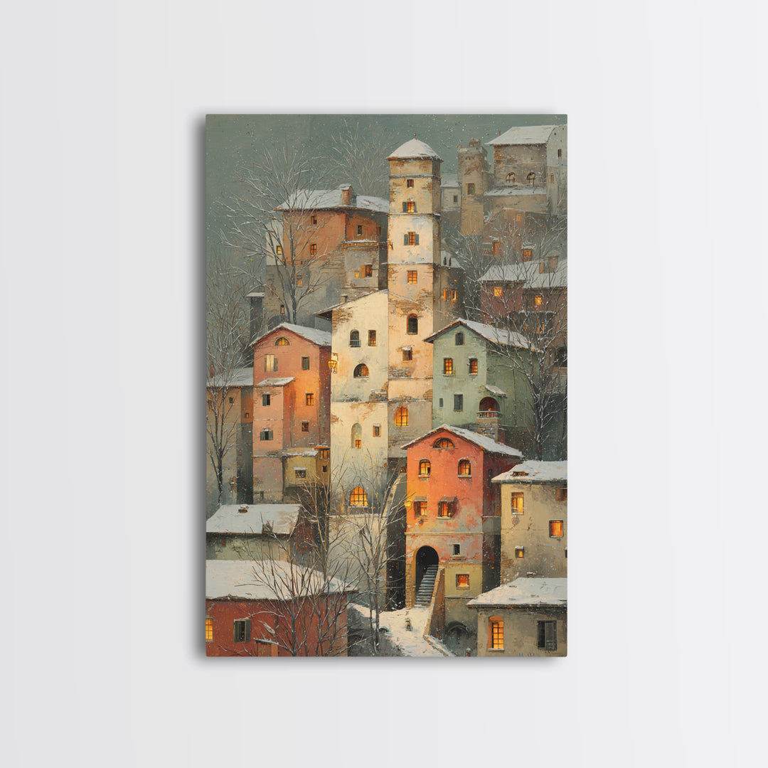 Snowy Village with Warm Glowing Windows Canvas Print, Impressionist Art, Farmhouse Decor, Living Room Decor, Impression, IMP-2x3-45