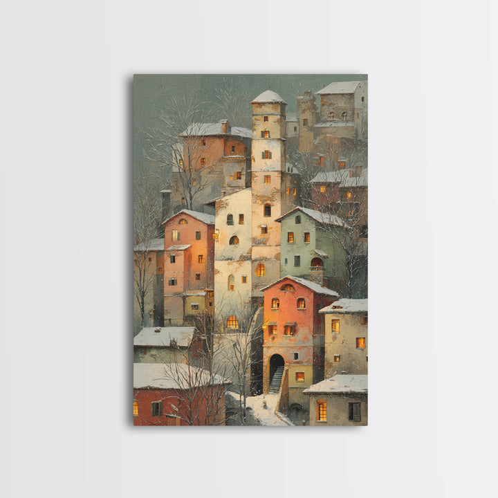 Snowy Village with Warm Glowing Windows Canvas Print, Impressionist Art, Farmhouse Decor, Living Room Decor, Impression, IMP-2x3-45