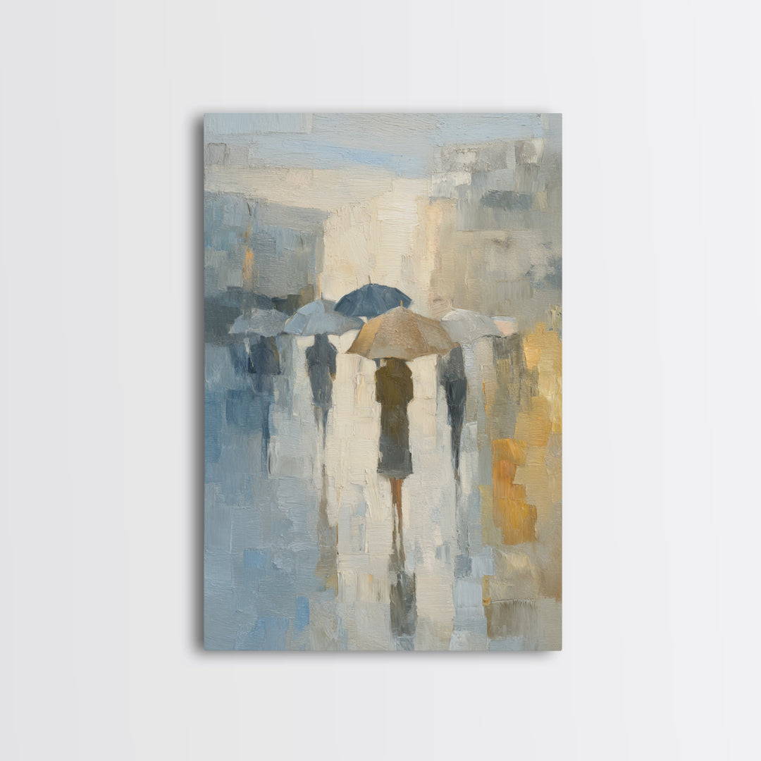 Rainy Boulevard with Umbrella Shapes Canvas Print, Impressionist Art, Horizontal Wall Art, Living Room Decor, Impression, IMP-2x3-53