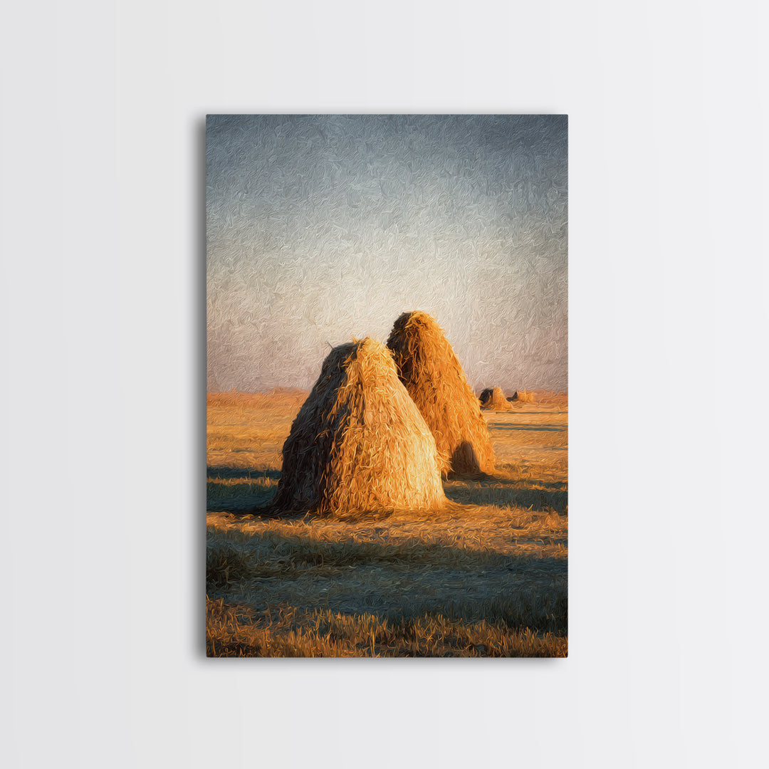 Haystacks Glowing at Golden Hour Framed Canvas Print, Impressionist Art, Bedroom Decor, Living Room Decor, Fine Art, Impression, IMP-2x3-60