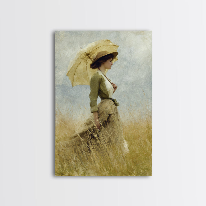 Woman with Parasol in Breezy Meadow Framed Canvas Print, Impressionist Art, Landscape Art, Living Room Decor, Impression, IMP-2x3-83