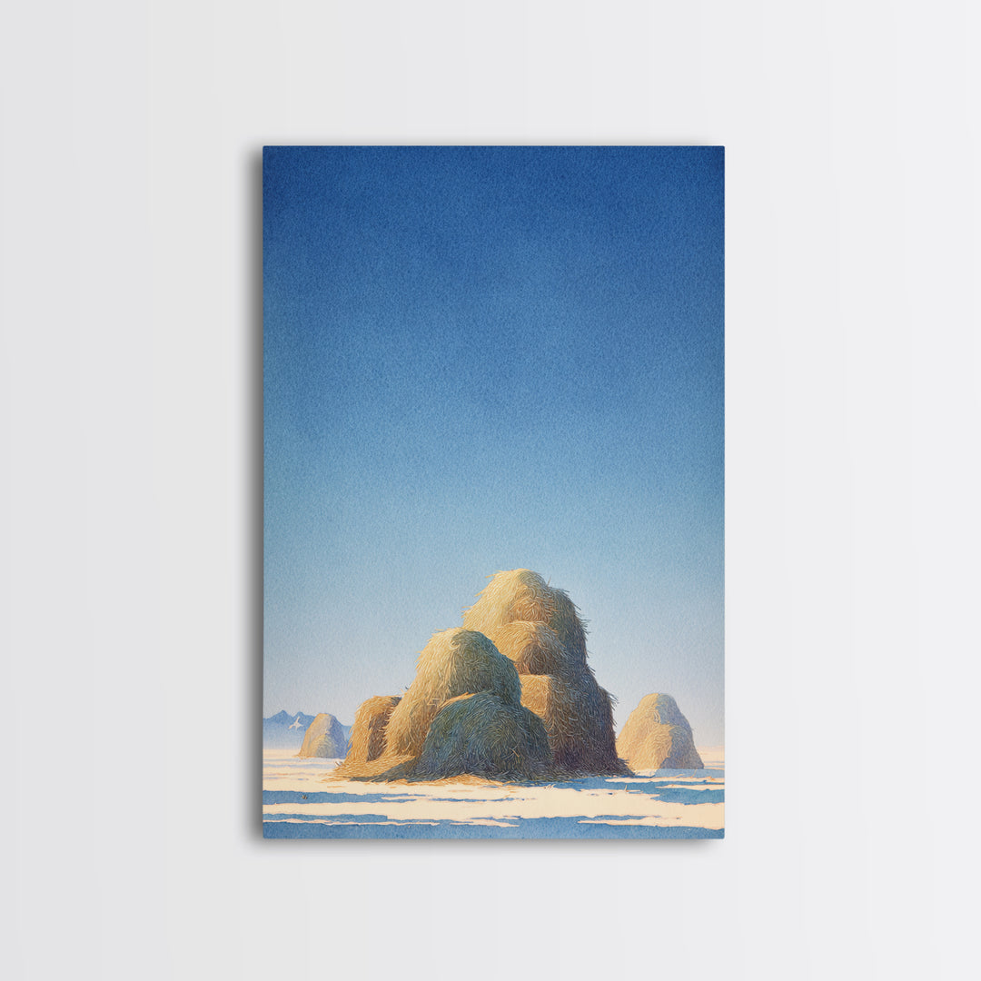Haystacks Glowing at Golden Hour Framed Canvas Print, Impressionist Art, Modern Decor, Living Room Decor, Fine Art, Impression, IMP-2x3-84