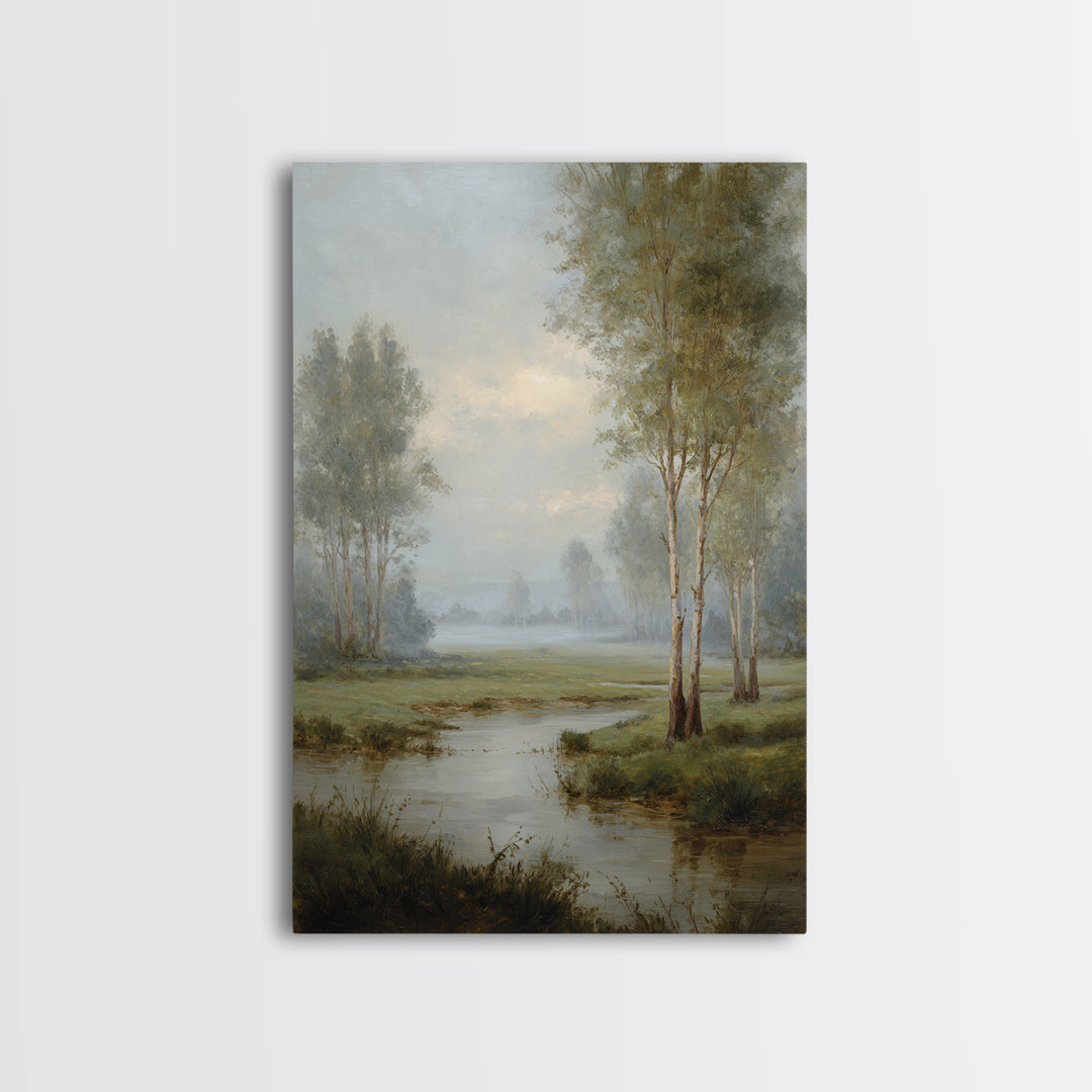 Misty Riverbank with Willow Trees Canvas Print, Impressionist Art, Flower Print, Living Room Decor, Fine Art, Impression, IMP-2x3-91