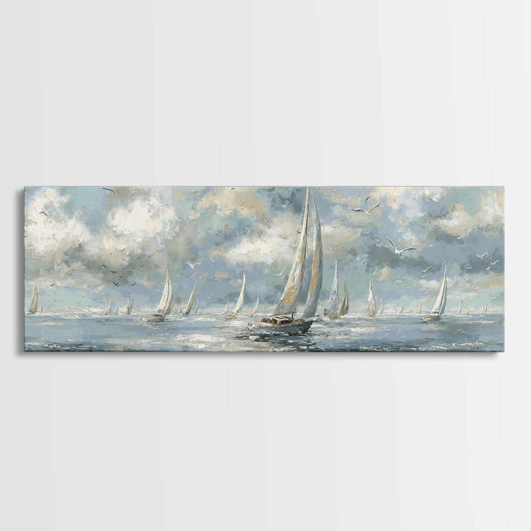 Sailboats on a Bright Sparkling Harbor Canvas Print, Impressionist Art, Abstract Painting, Living Room Decor, Impression, IMP-3x1-1