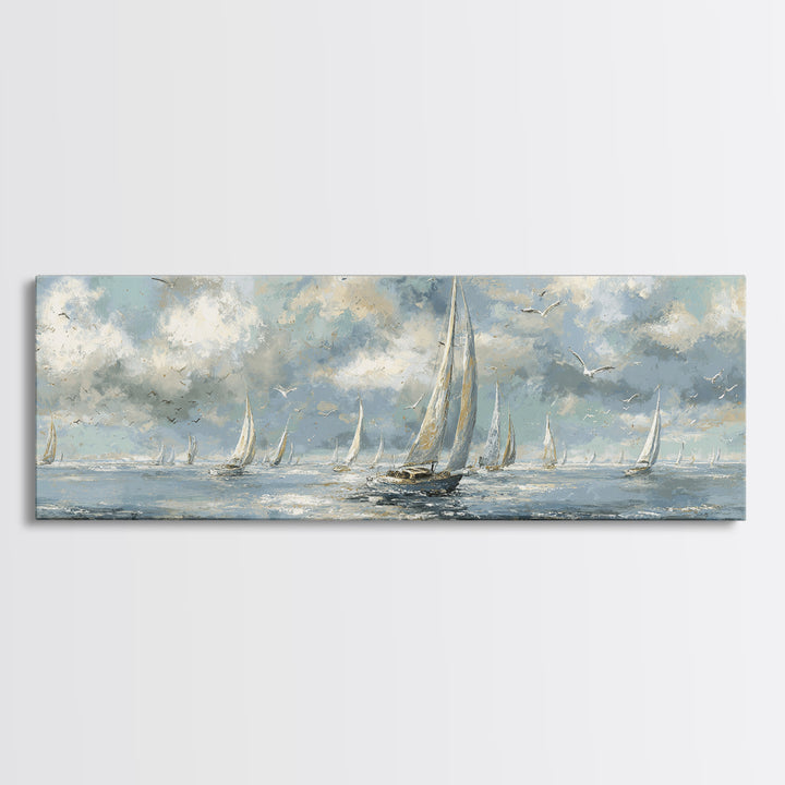 Sailboats on a Bright Sparkling Harbor Canvas Print, Impressionist Art, Abstract Painting, Living Room Decor, Impression, IMP-3x1-1