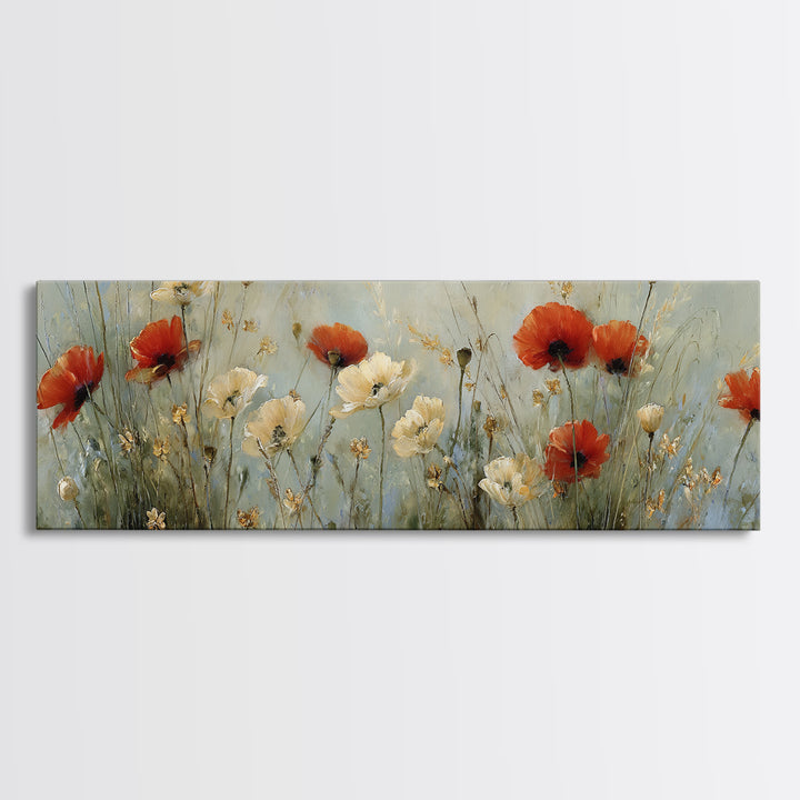 Poppies Blowing Through Green Grass Canvas Print, Impressionist Art, Living Room Decor, Abstract Art, Impression, IMP-3x1-100