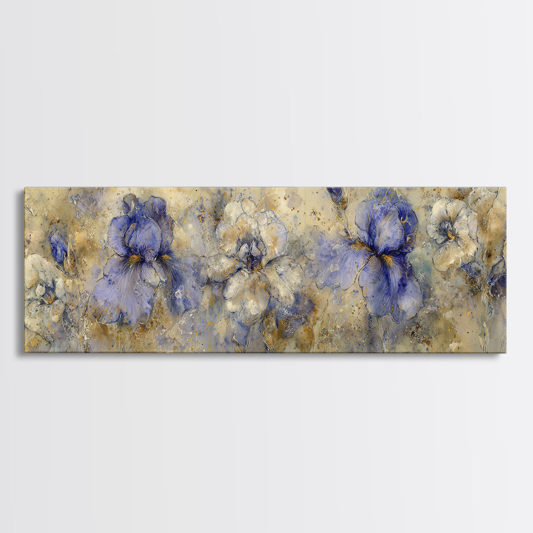 Iris Garden with Blue Violet Strokes Framed Canvas Print, Impressionist Art, Landscape Wall Art, Living Room Decor, Impression, IMP-3x1-12