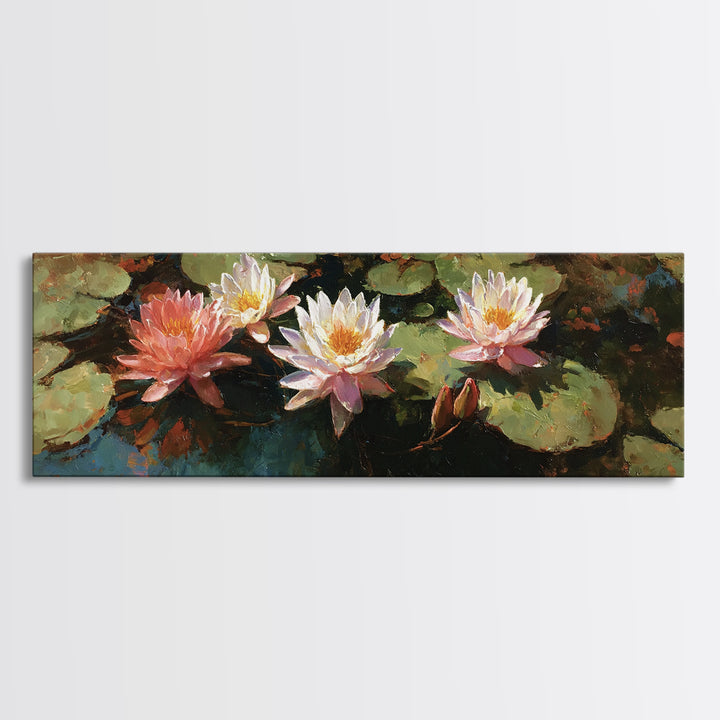 Water Lilies Floating on a Sunlit Pond Framed Canvas Print, Impressionist Art, Gallery Wall Art, Living Room Decor, Impression, IMP-3x1-17