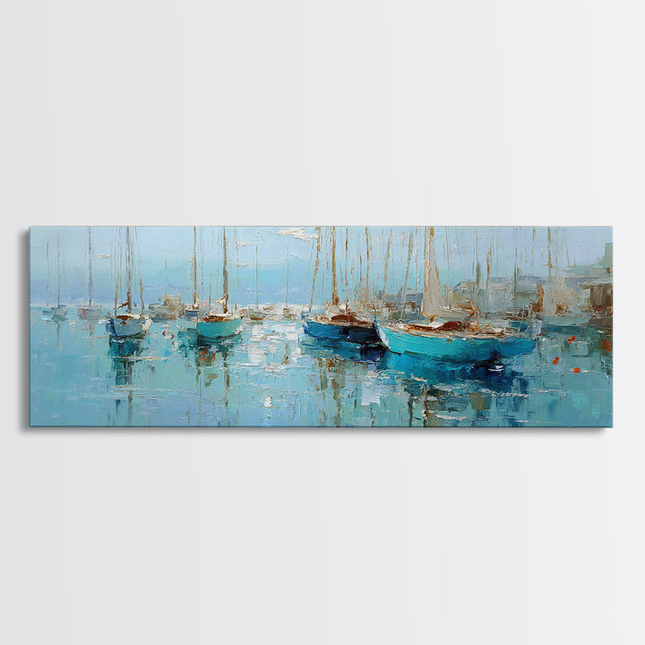 Sailboats on a Bright Sparkling Harbor Canvas Print, Impressionist Art, Landscape Art, Living Room Decor, Abstract Art, IMP-3x1-25