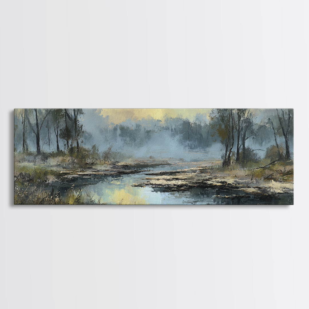 Misty Riverbank with Willow Trees Framed Canvas Print, Impressionist Art, Textured Painting, Living Room Decor, Impression, IMP-3x1-27