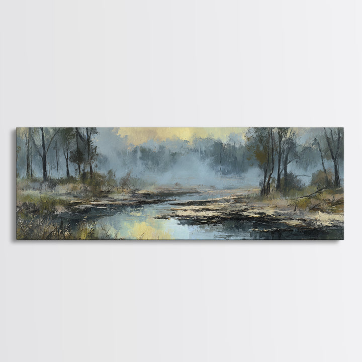 Misty Riverbank with Willow Trees Framed Canvas Print, Impressionist Art, Textured Painting, Living Room Decor, Impression, IMP-3x1-27