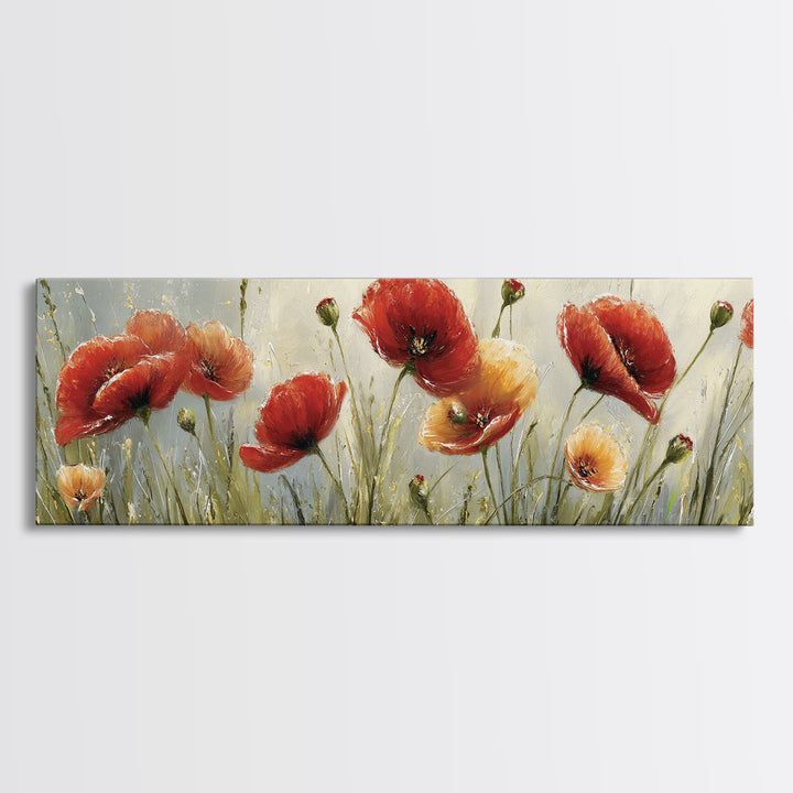 Poppies Blowing Through Green Grass Framed Canvas Print, Impressionist Art, Living Room Art, Living Room Decor, Oil Painting, IMP-3x1-28