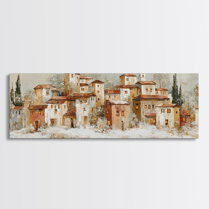Snowy Village with Warm Glowing Windows Canvas Print, Impressionist Art, Floral Wall Art, Living Room Decor, Oil Painting, IMP-3x1-29